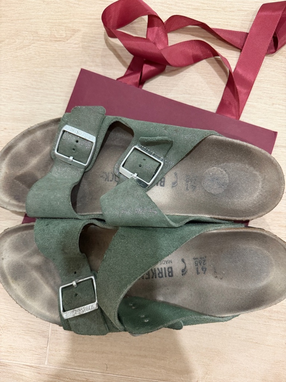 Birkenstock Green Suede Two-Buckle Arizona Sandals Size 41
